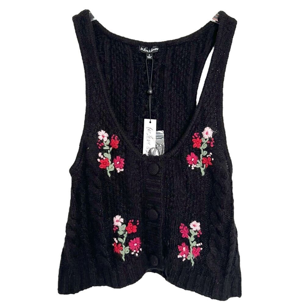 For Love and Lemons Amaryllis Sweater Vest Womens S Black Cable Knit Embroidered